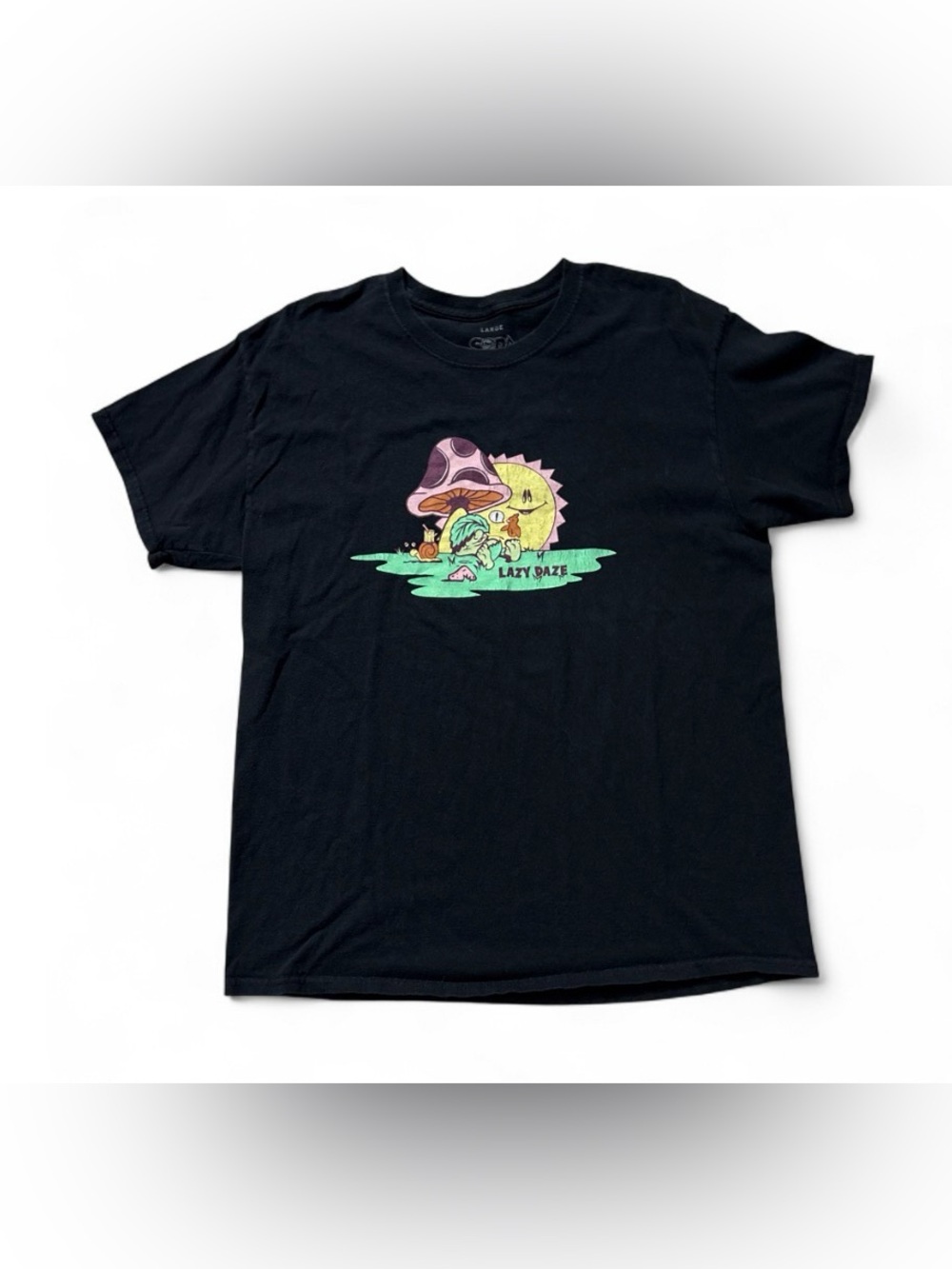 Soda Black Tee with Green, Purple & Yellow Mushroom Graphic